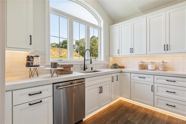 kitchen featuring sink, dishwasher, tasteful backsplash, and dark wood-type flooring