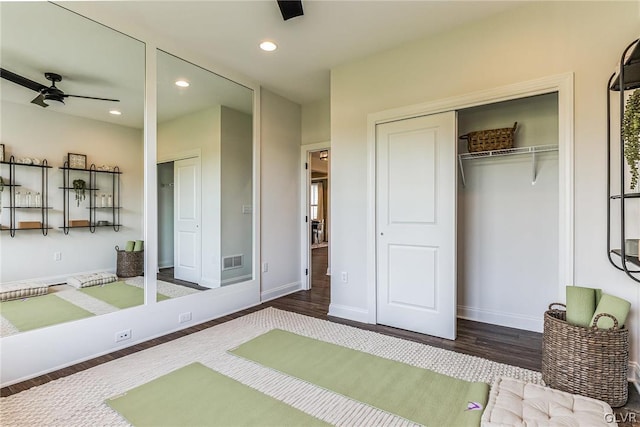 exterior space featuring a closet, hardwood / wood-style flooring, and ceiling fan