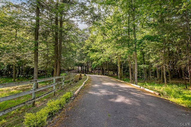 view of street with a forest view