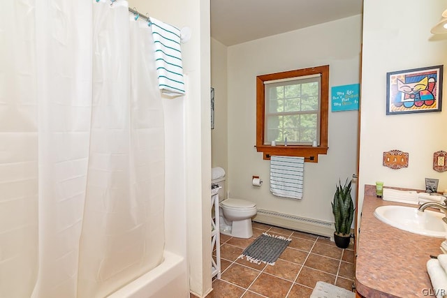 full bathroom featuring baseboard heating, shower / tub combo, tile patterned floors, vanity, and toilet