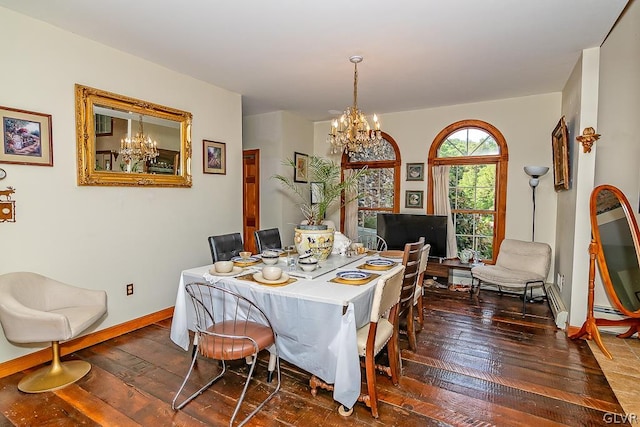 dining space featuring dark wood-type flooring and a chandelier