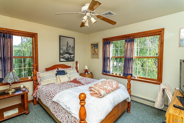 bedroom featuring ceiling fan, carpet floors, and a baseboard heating unit