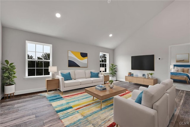 living room with high vaulted ceiling and hardwood / wood-style floors