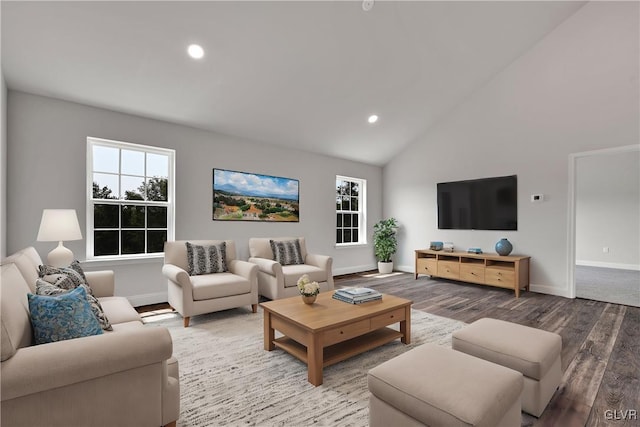 living room with high vaulted ceiling and wood-type flooring