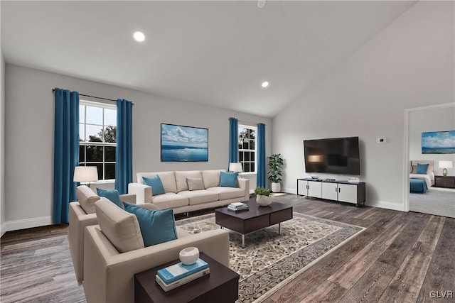 living room with high vaulted ceiling and wood-type flooring