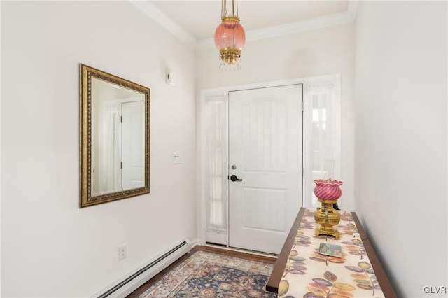 entrance foyer featuring hardwood / wood-style floors, a baseboard radiator, and ornamental molding