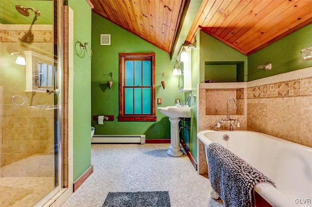 full bathroom featuring a baseboard radiator, toilet, wood ceiling, and separate shower and tub