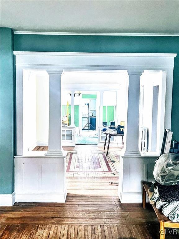 55 S Walnut St, Lansford Borough, PA 18232 - interior space featuring decorative columns, ornamental molding, and dark wood finished floors