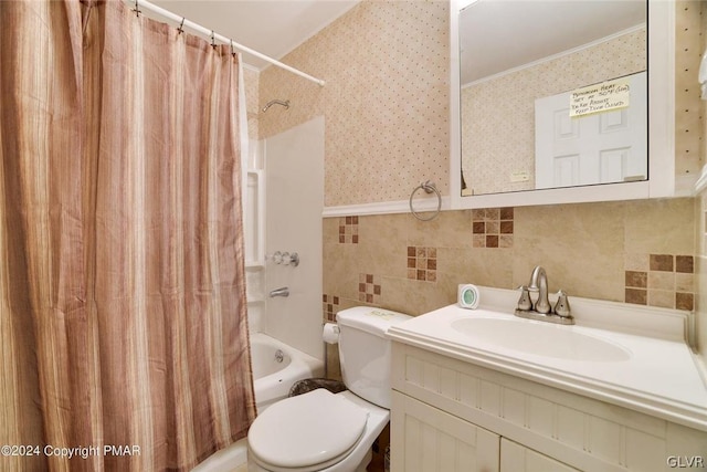 full bathroom featuring tile walls, tasteful backsplash, vanity, shower / bath combination with curtain, and toilet