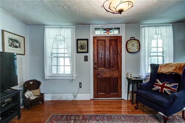 foyer entrance with a textured ceiling, a wealth of natural light, and wood-type flooring