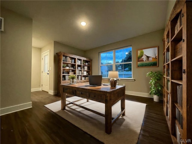 home office featuring dark wood-type flooring