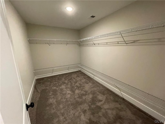 walk in closet with dark colored carpet