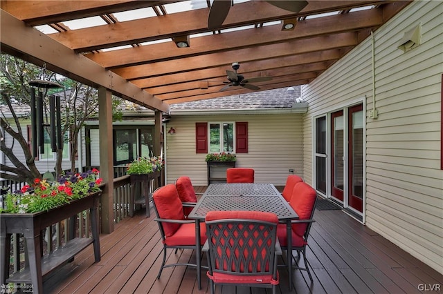 wooden deck featuring a pergola and ceiling fan