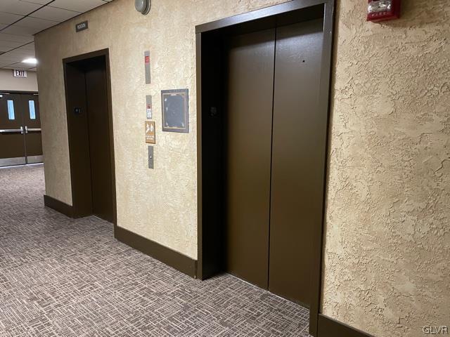 hallway with a paneled ceiling, carpet floors, and elevator