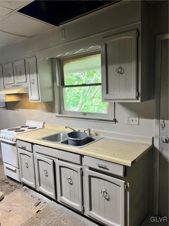 kitchen featuring gray cabinets, white range oven, and sink