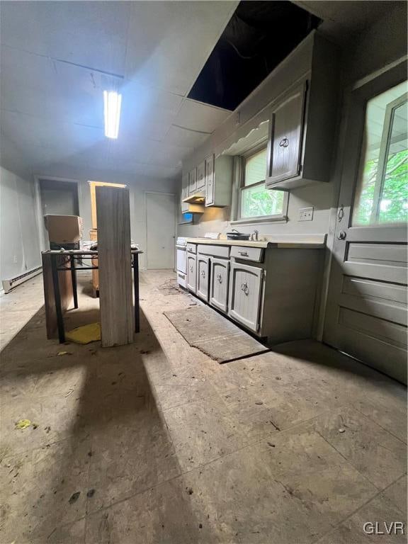 kitchen featuring baseboard heating and gray cabinetry