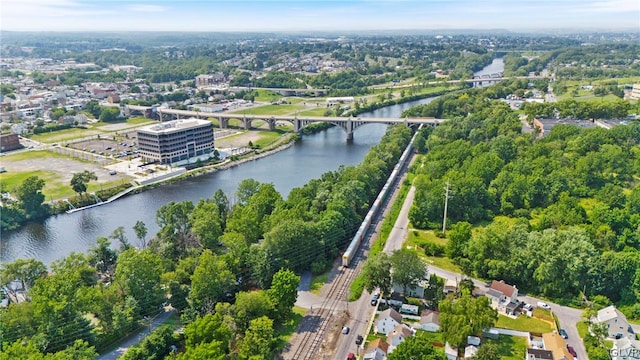 drone / aerial view with a water view