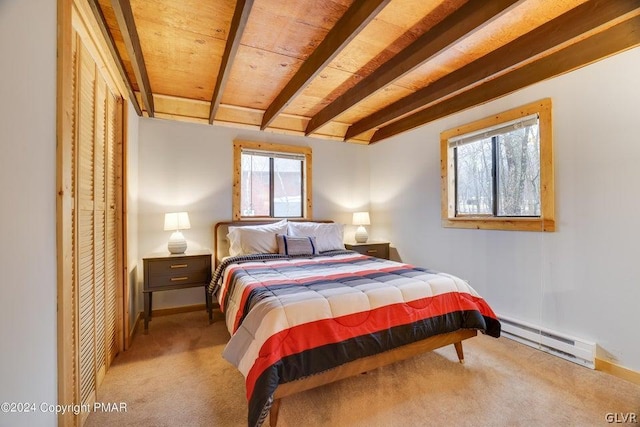 bedroom with beamed ceiling, a baseboard radiator, wood ceiling, and light carpet