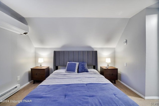 bedroom with a baseboard radiator, lofted ceiling, light colored carpet, and a wall unit AC