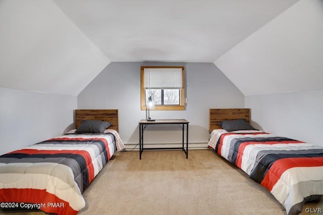 carpeted bedroom with lofted ceiling and baseboard heating