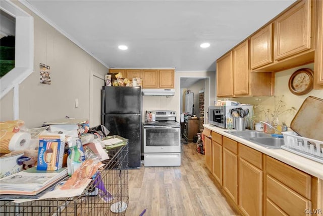 kitchen with light hardwood / wood-style flooring, electric range oven, black fridge, sink, and ornamental molding