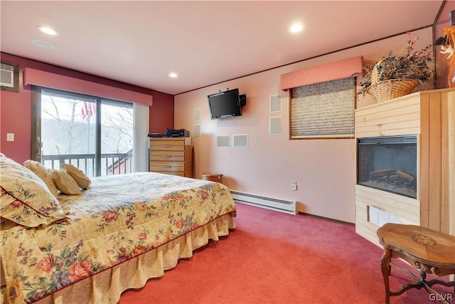 bedroom featuring carpet flooring, access to outside, and a baseboard radiator