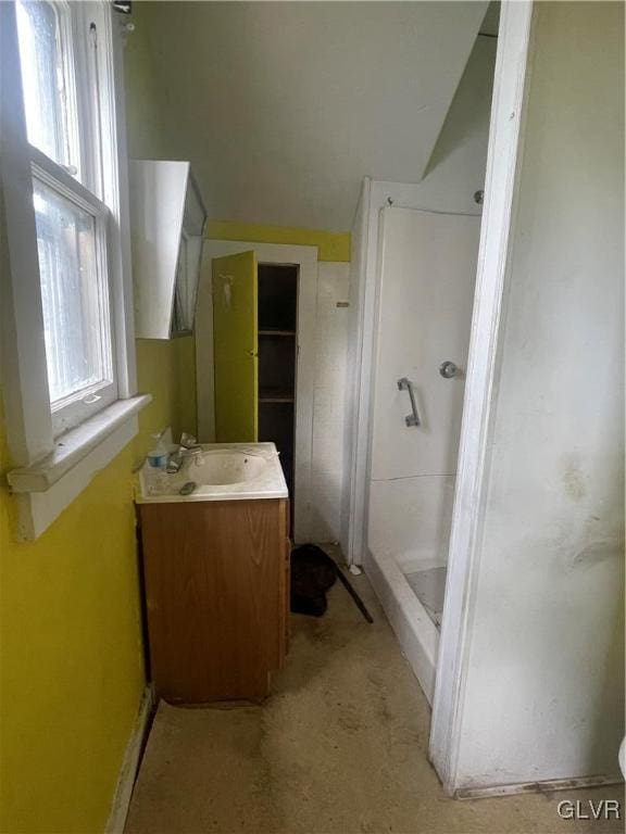 bathroom featuring vanity and walk in shower