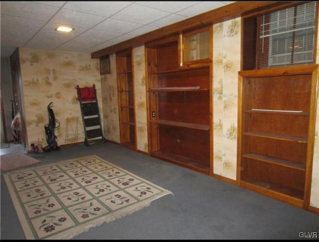 interior space featuring carpet floors and a drop ceiling