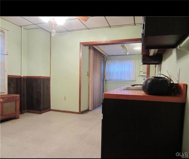 kitchen featuring light carpet, wood walls, and ceiling fan