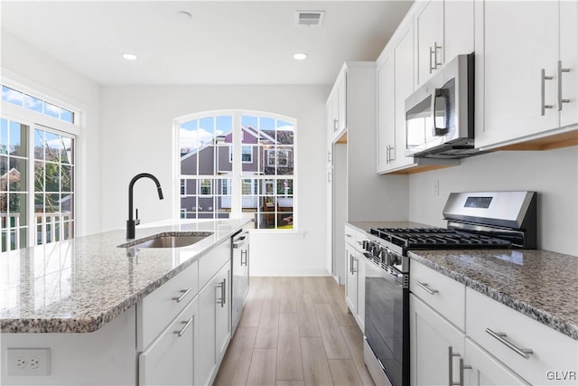 kitchen with light stone countertops, stainless steel appliances, sink, light hardwood / wood-style flooring, and an island with sink