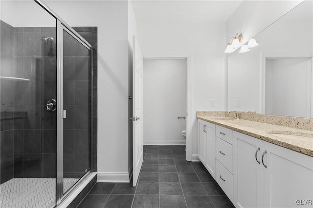 bathroom with tile patterned flooring, vanity, toilet, and a shower with door