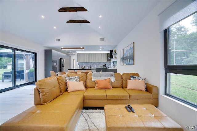 living room featuring high vaulted ceiling