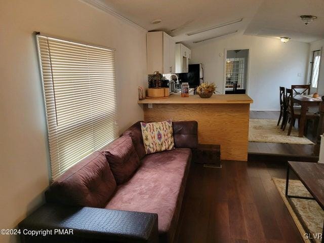 living room with dark wood-type flooring and vaulted ceiling