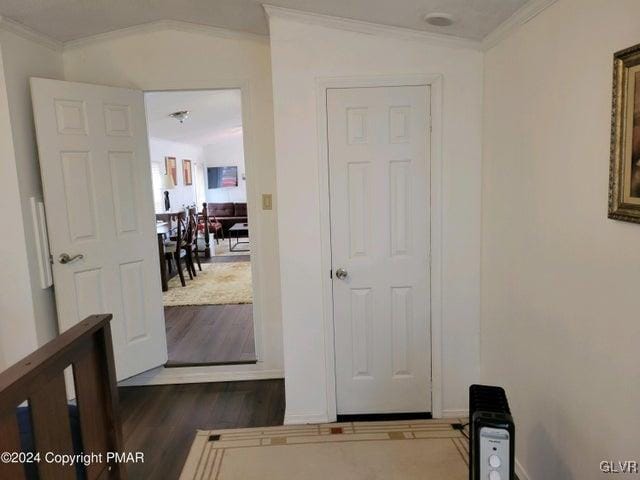 hallway with dark hardwood / wood-style flooring and crown molding