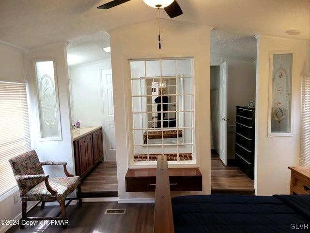 sitting room featuring ceiling fan, plenty of natural light, sink, vaulted ceiling, and dark wood-type flooring