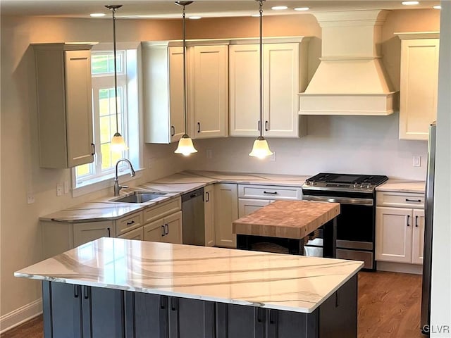 kitchen featuring sink, custom range hood, dark hardwood / wood-style flooring, appliances with stainless steel finishes, and light stone counters