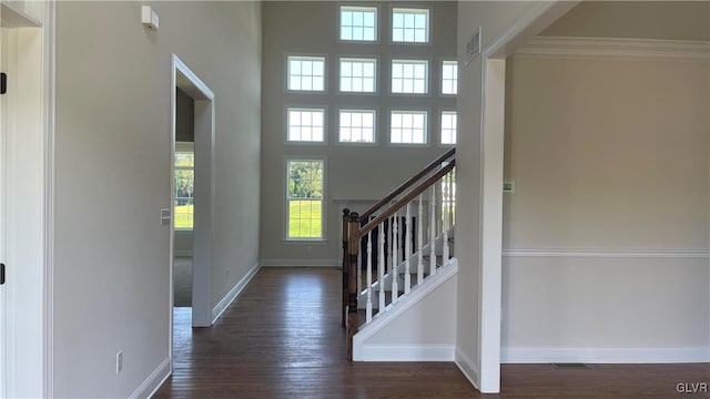 entrance foyer featuring dark wood-type flooring and crown molding