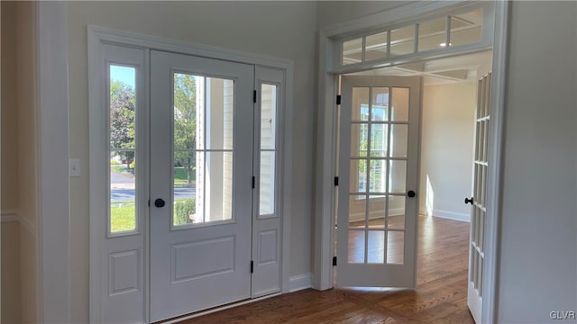 foyer entrance featuring a wealth of natural light, french doors, and hardwood / wood-style floors