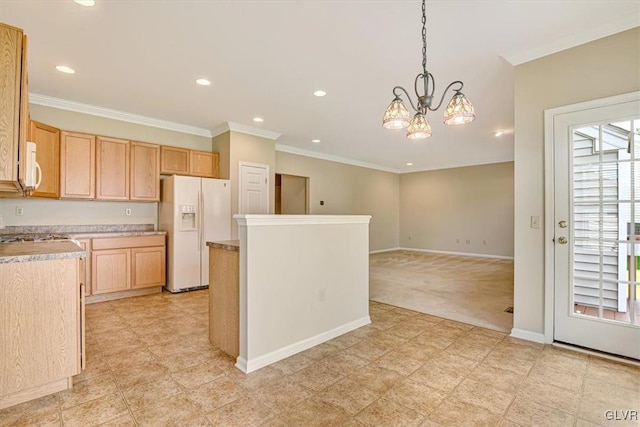 kitchen featuring light brown cabinetry, white appliances, light tile patterned floors, and plenty of natural light