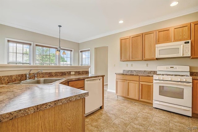 kitchen featuring pendant lighting, white appliances, ornamental molding, sink, and light tile patterned floors