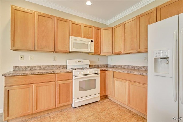 kitchen with light brown cabinetry, crown molding, white appliances, and light tile patterned floors