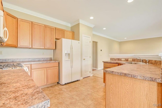 kitchen featuring sink, light tile patterned flooring, white refrigerator with ice dispenser, and light brown cabinets