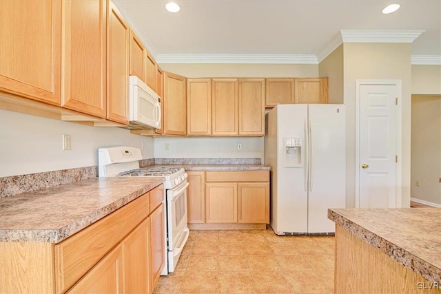 kitchen featuring light brown cabinetry, light tile patterned floors, crown molding, and white appliances