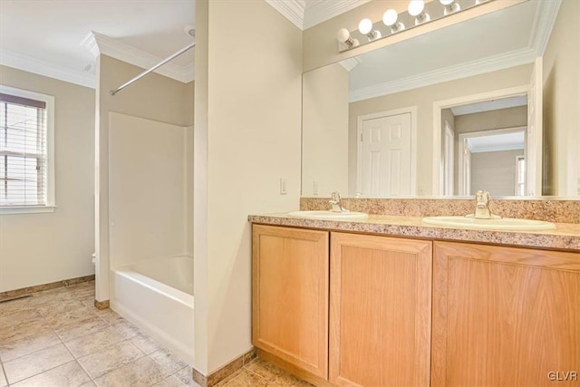 full bathroom featuring ornamental molding, dual vanity,  shower combination, and tile patterned flooring