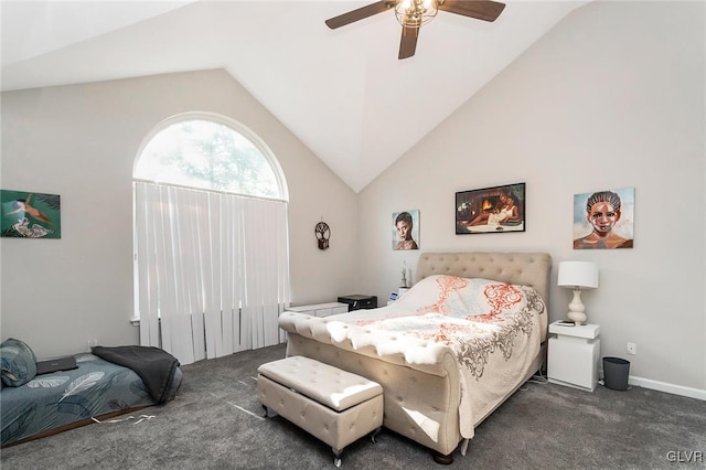 bedroom with dark carpet, ceiling fan, and vaulted ceiling