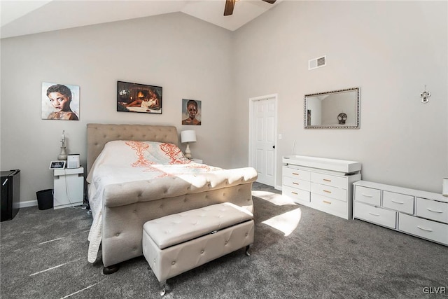 bedroom featuring carpet floors, high vaulted ceiling, and ceiling fan