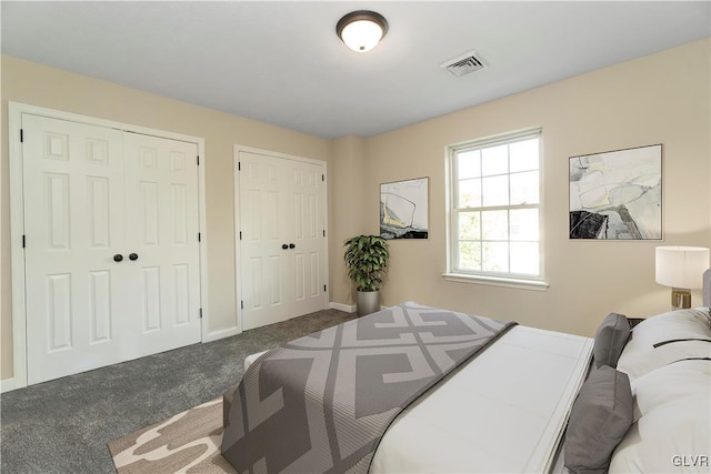 carpeted bedroom featuring two closets