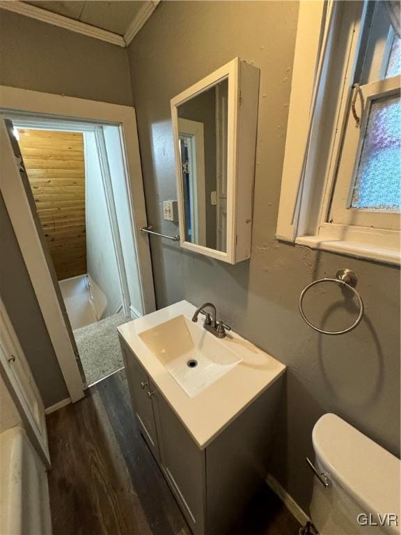 bathroom featuring vanity, toilet, hardwood / wood-style floors, and ornamental molding