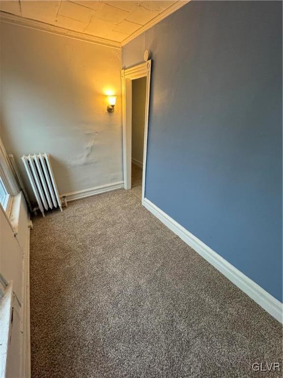 unfurnished room featuring carpet flooring and crown molding