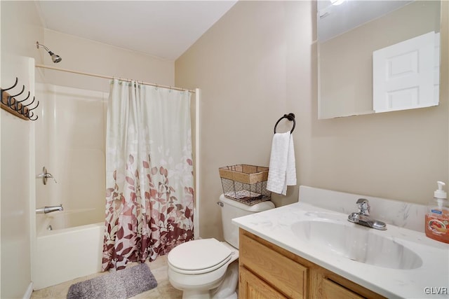 full bath featuring toilet, tile patterned flooring, shower / bath combo, and vanity